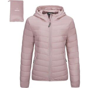 Women's Pale Rosy Full Zip Up Puffer Hood Quilted Jacket Lightweight Coat